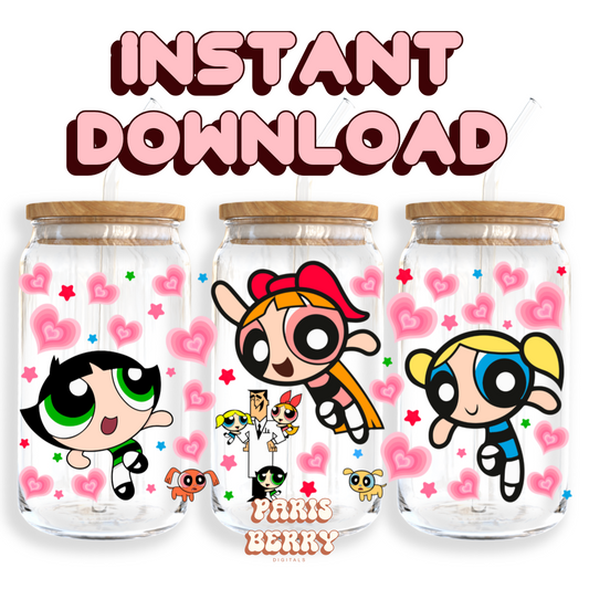 Power Puff Pink Hearts Girls - 16oz PNG Cup Wrap | Instant Digital Download