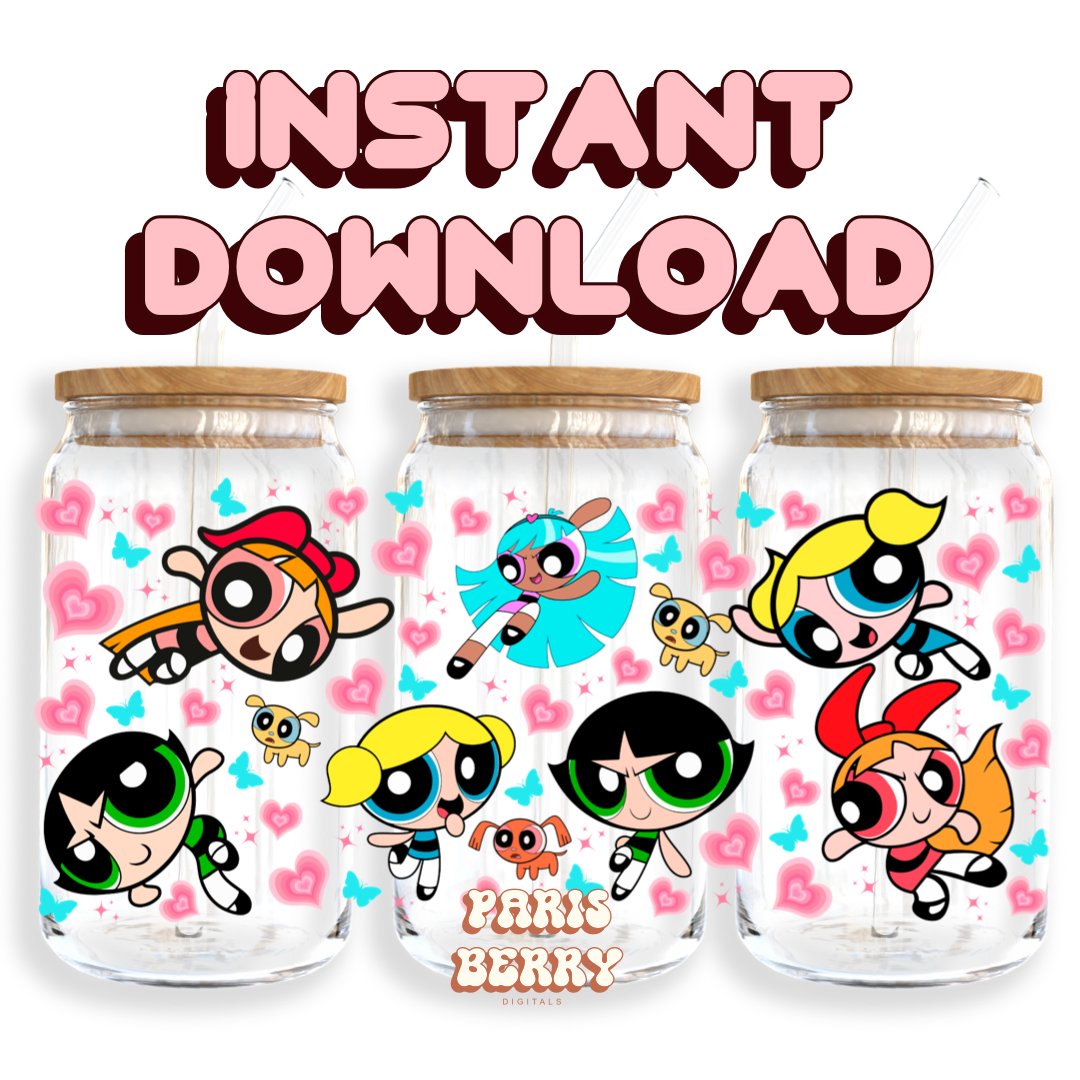 Power Puff Pink Girls - 16oz PNG Cup Wrap | Instant Digital Download