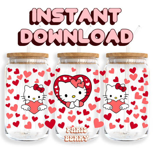 Cute H.Kitty Hearts - 16oz PNG Cup Wrap | Instant Digital Download