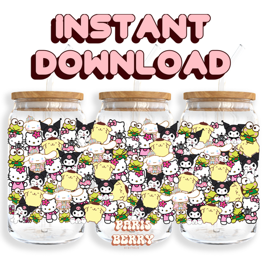 Cute H.Kitty Friends - 16oz PNG Cup Wrap | Instant Digital Download