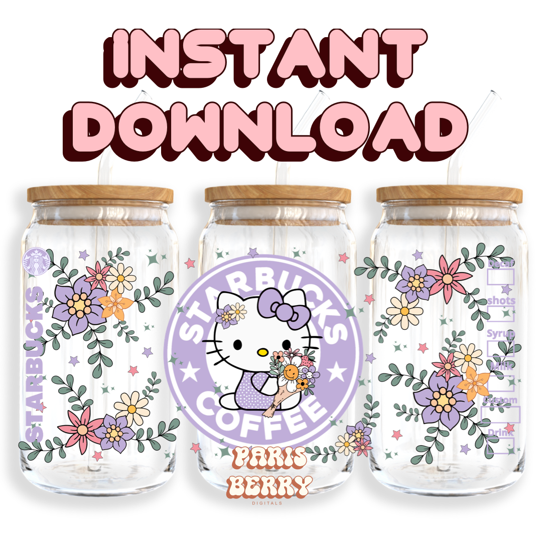 H.Kitty Purple Florals Coffee - 16oz PNG Cup Wrap | Instant Digital Download