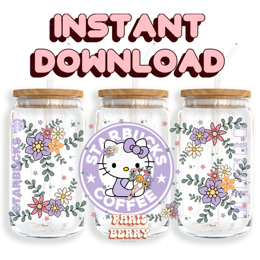 H.Kitty Purple Florals Coffee - 16oz PNG Cup Wrap | Instant Digital Download