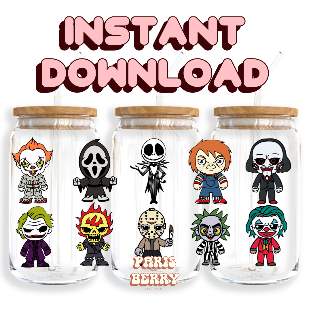 Cute Spooky Villains - 16oz PNG Cup Wrap | Instant Digital Download