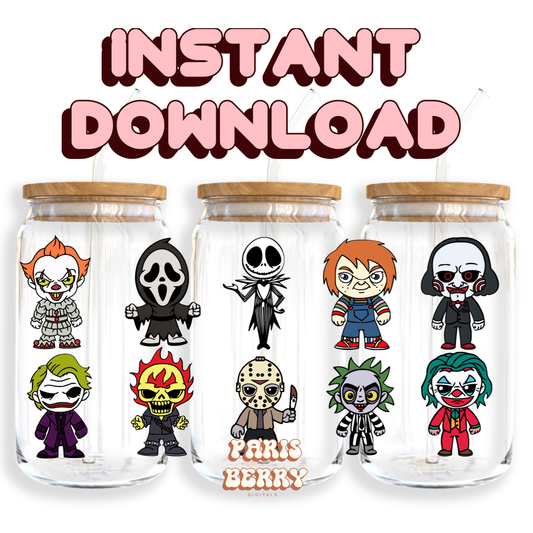 Cute Spooky Villains - 16oz PNG Cup Wrap | Instant Digital Download