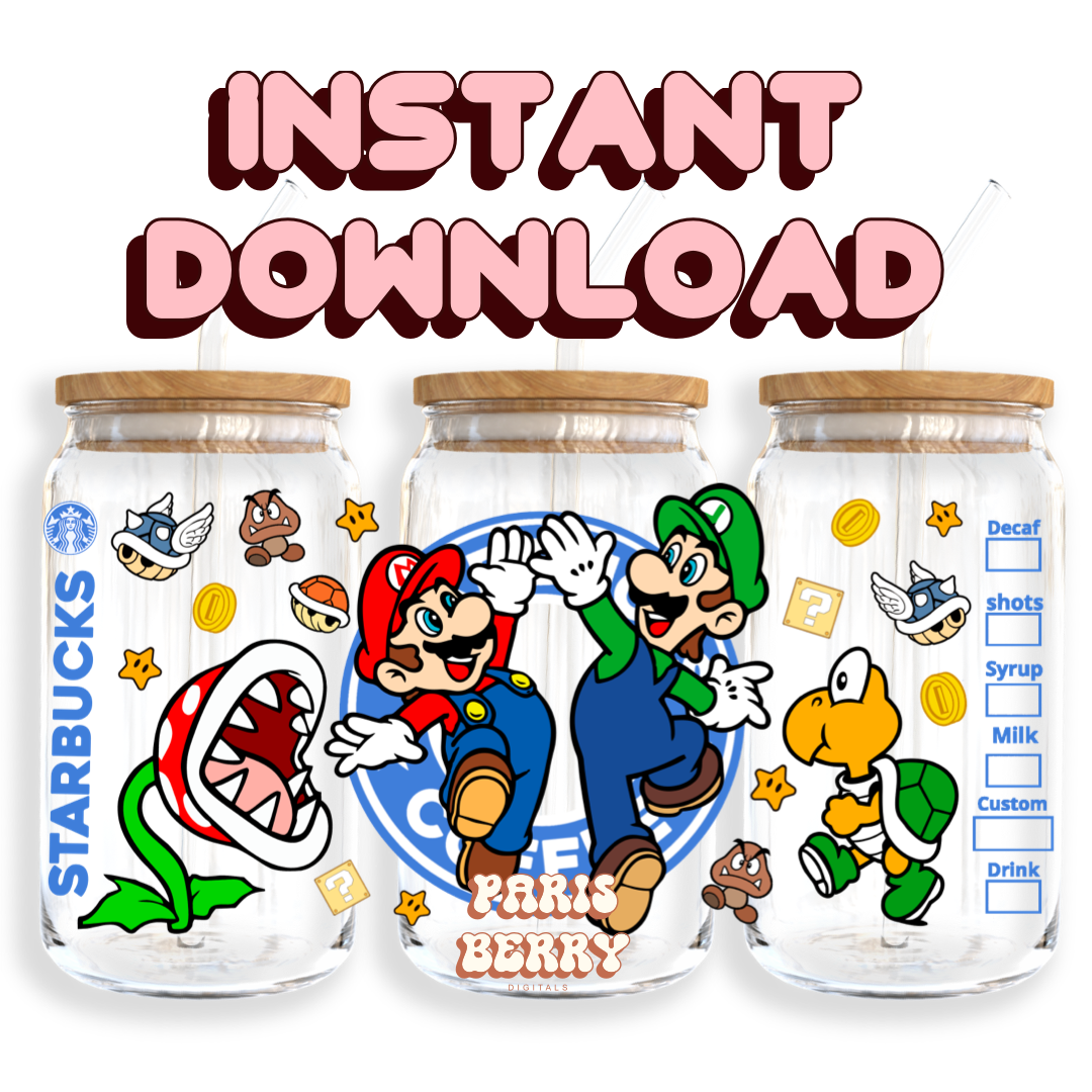 Super Bros 64 Coffee - 16oz PNG Cup Wrap | Instant Digital Download