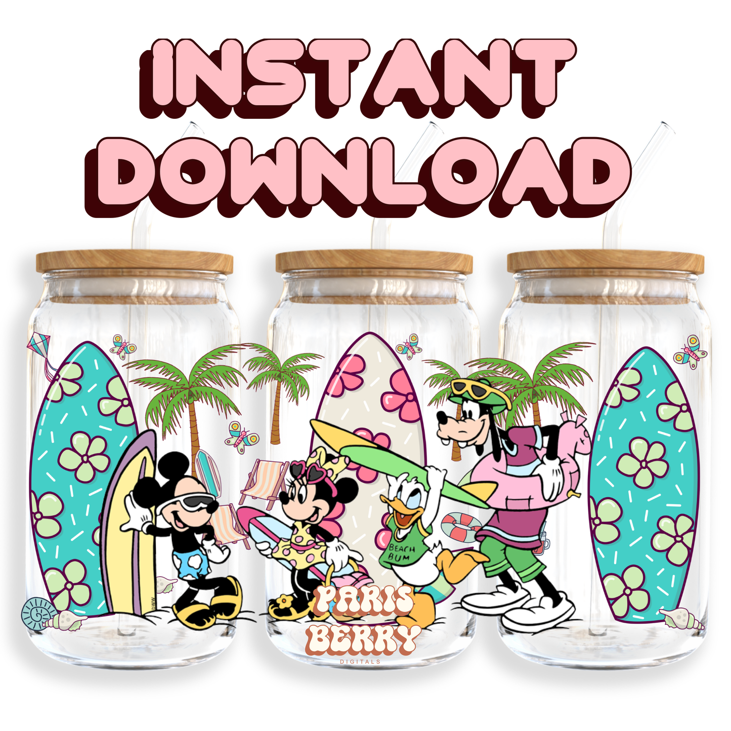 Beach Mouse & Friends - 16oz PNG Cup Wrap | Instant Digital Download