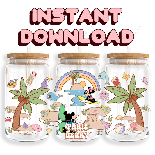 Summer Beach Mouse & Friends - 16oz PNG Cup Wrap | Instant Digital Download