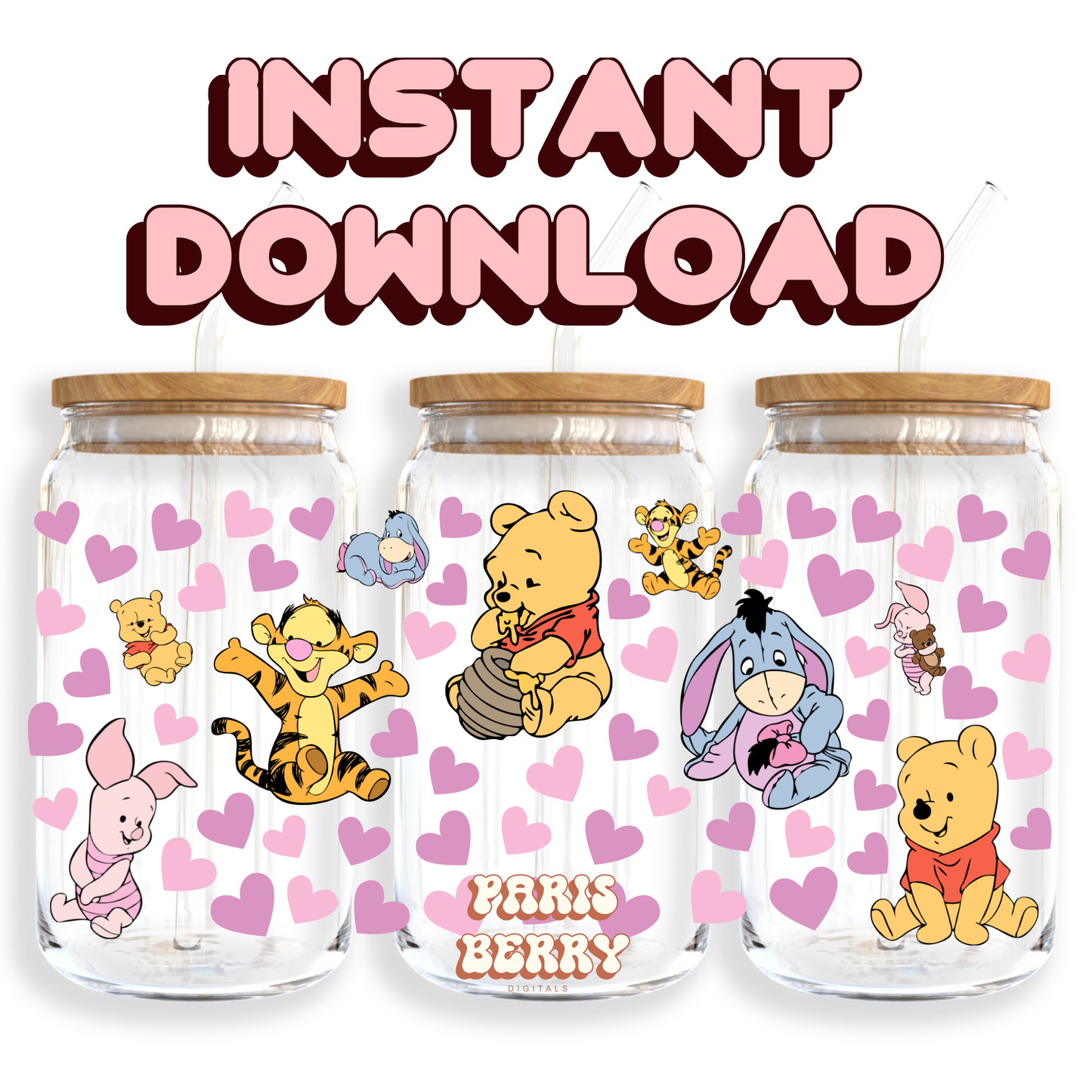 Baby Honey Pooh Bear Hearts - 16oz PNG Cup Wrap | Instant Digital Download